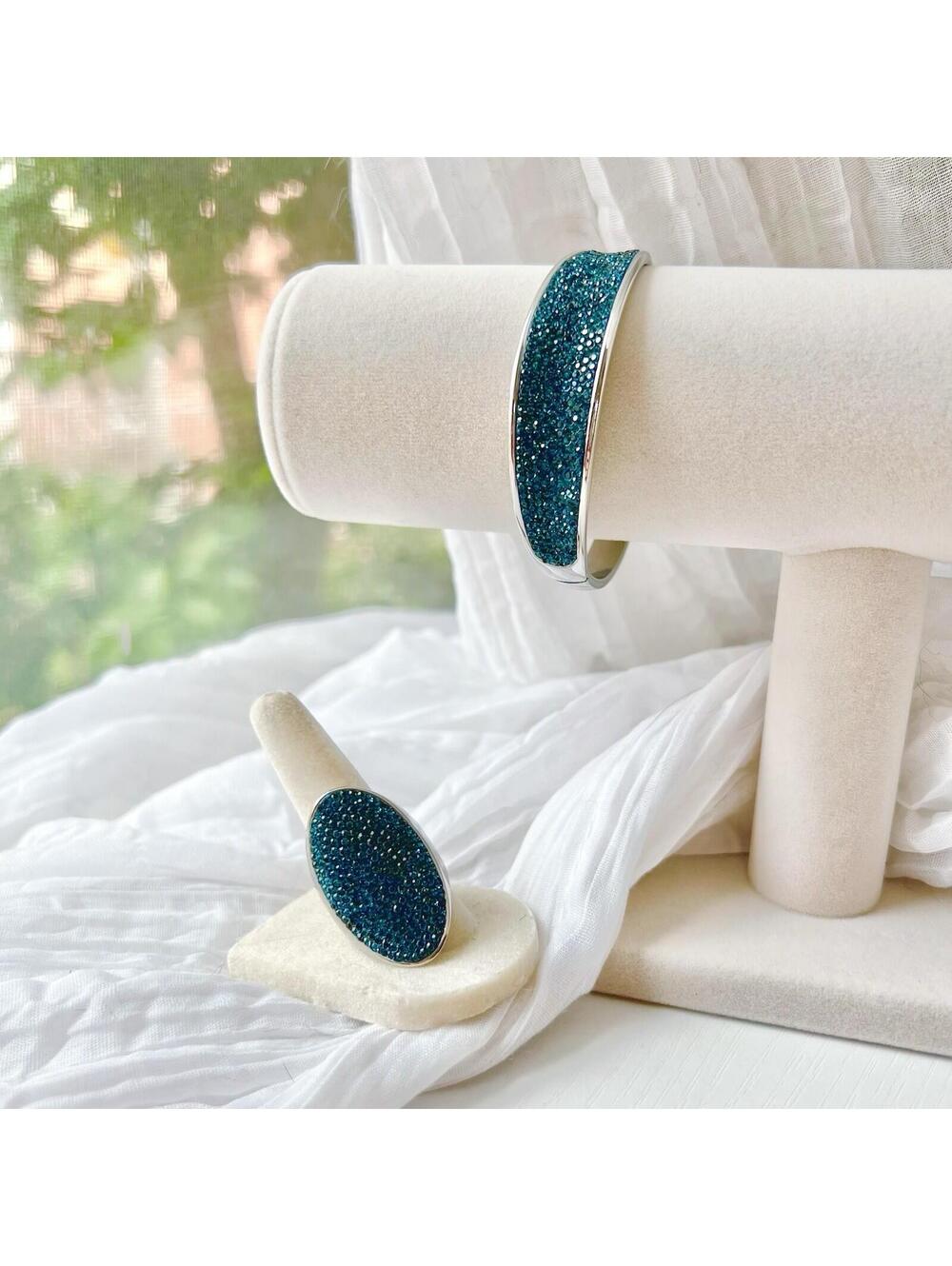 JCM Peacock Blue Crushed Crystal Bangle Bracelet & Ring Set Stainless Steel Chin